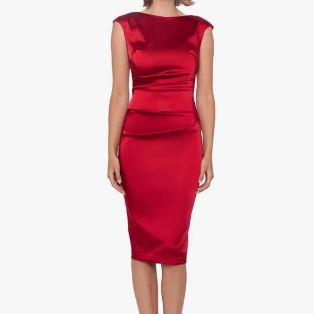NWT Betsy & Adam Satin Cap Sleeve Rouched Sheath dress 4